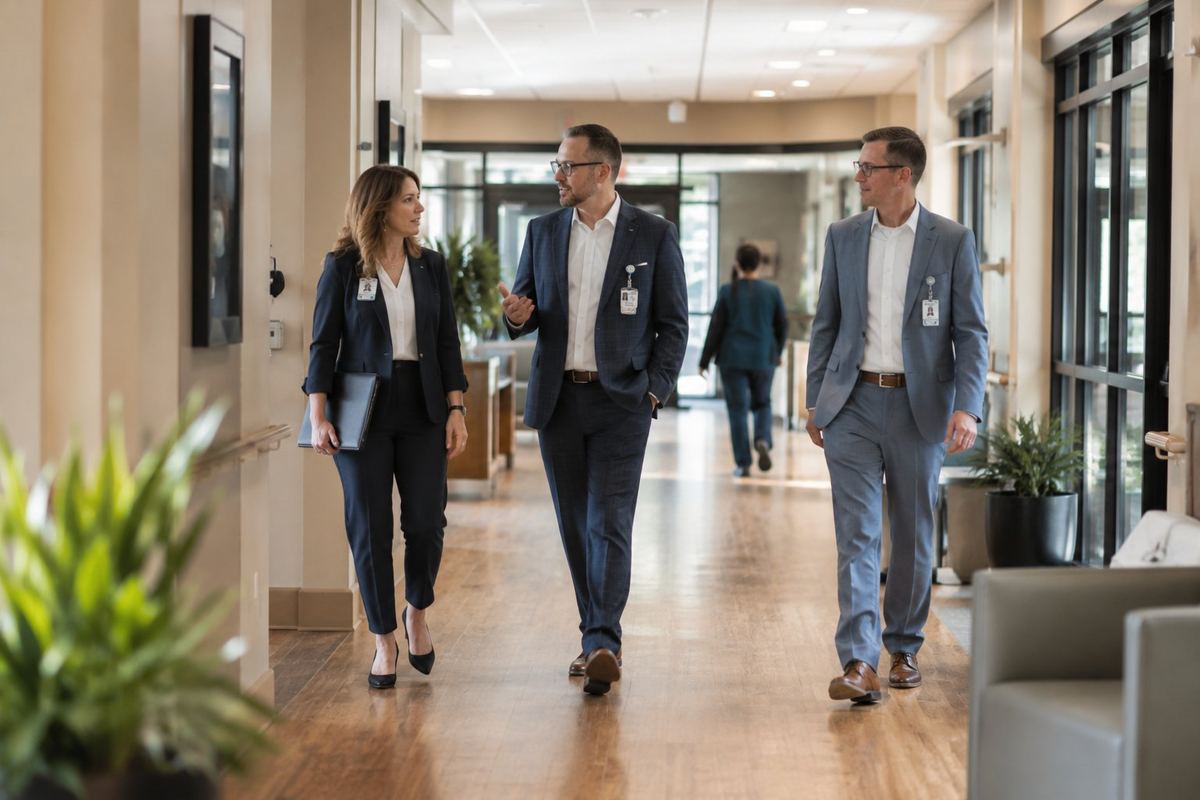 Healthcare leadership walking through facility