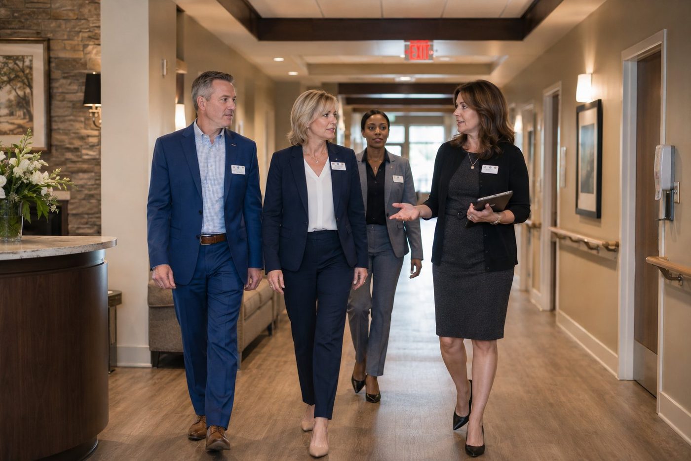 Healthcare leadership walking through a facility